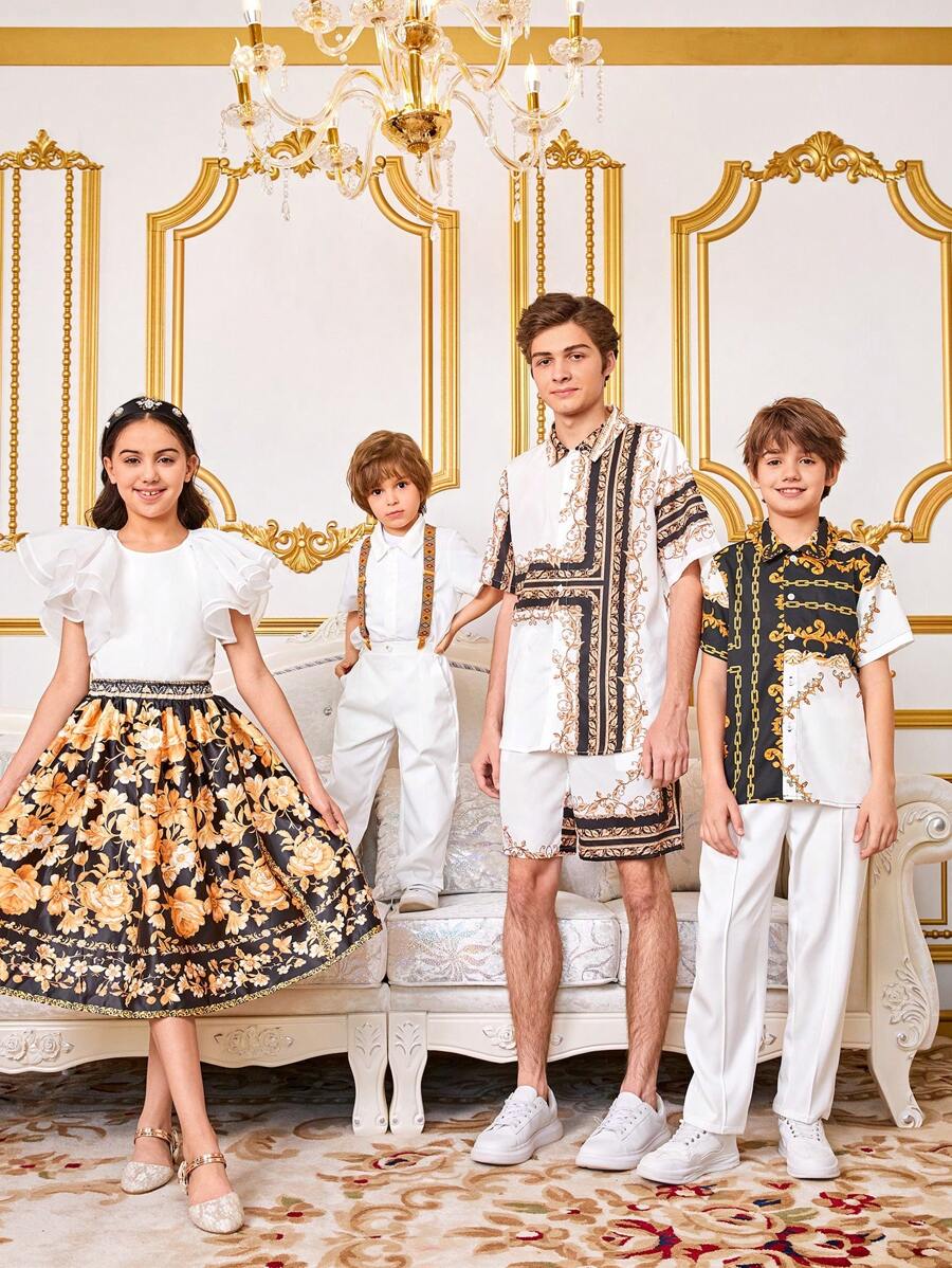 SHEIN 青少年男孩巴洛克印花襯衫和短褲套裝 - 彩色 - 查看 1