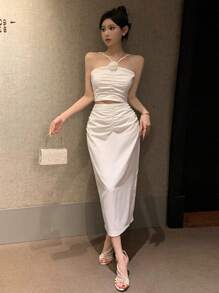 DAZY 女士 2 件套包括露背吊带背心和百褶裙舞会 - 白色 - 查看 5