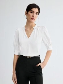 BizChic 女式缺口领肘袖衬衫，都市通勤办公室商务休闲优雅正式衬衫上衣 - 白色 - 查看 3