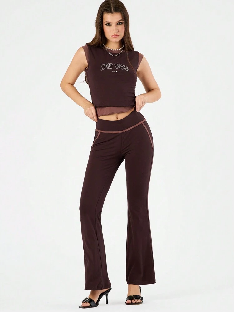 Women's Letter Printed Round Neck Mesh Top And Flared Trousers Set