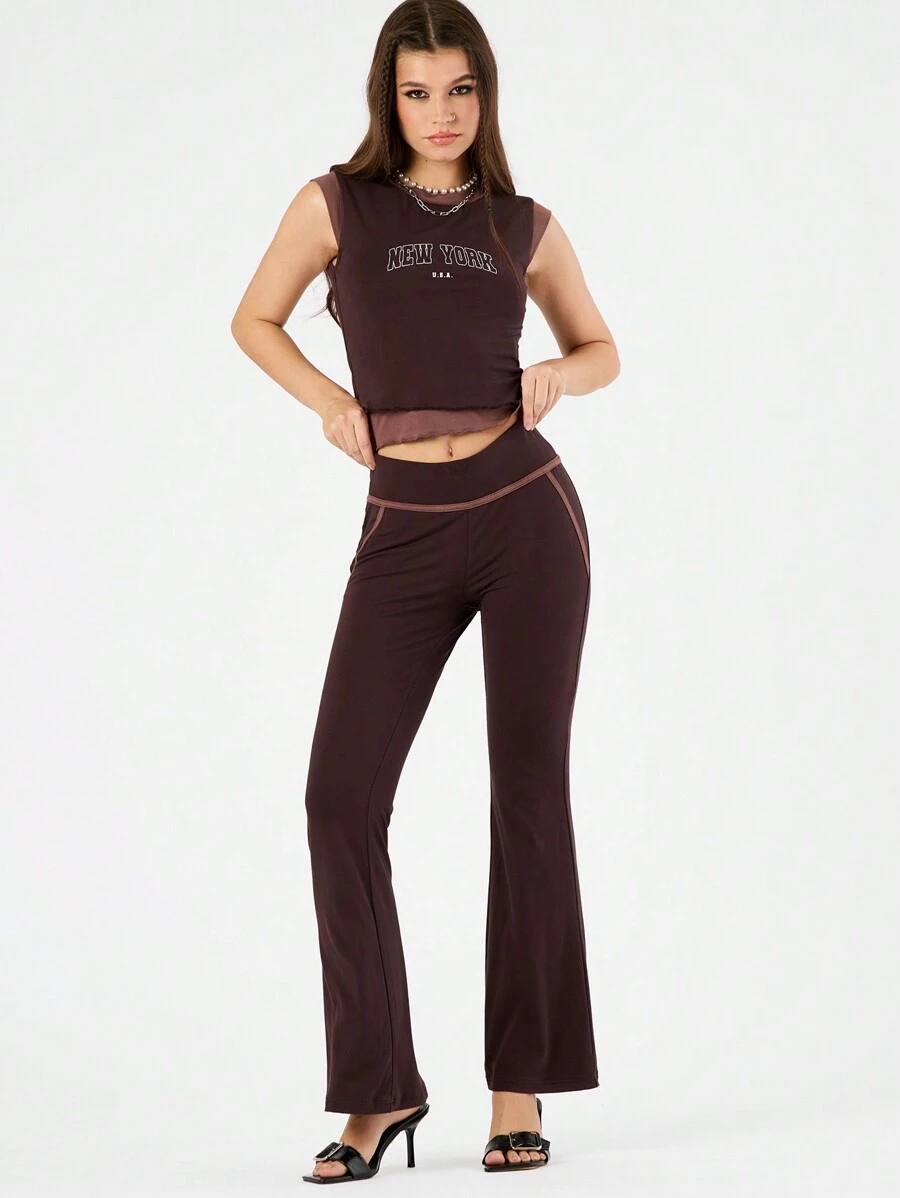 Forever 21 Women's Letter Printed Round Neck Mesh Top And Flared Trousers Set - Brown - View 1