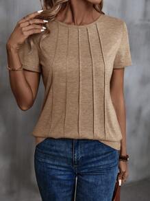 EMERY ROSE Của phụ nữ Mặt trước Mở rộng Xếp li Ngắn tay Áo thun - Màu Khaki - Xem 6