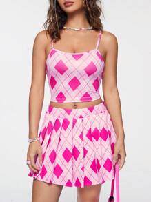 SHEIN Qutie Women Two-piece Outfits Berlipat Geometris Casual - Hot Pink - View 4