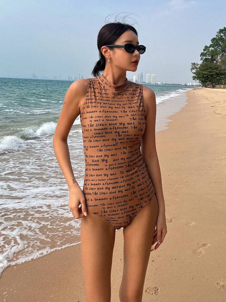 Ladies' One-Piece Swimsuit With Slogan Print Stand Collar Bathing Suit For Summer Beach Vacation Cruise Outfit For Women
