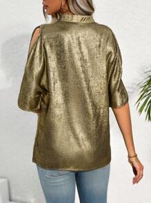 SHEIN LUNE Blusa Con Mangas Con Abertura Y Cuello Con Muescas - Dorado - Ver 2