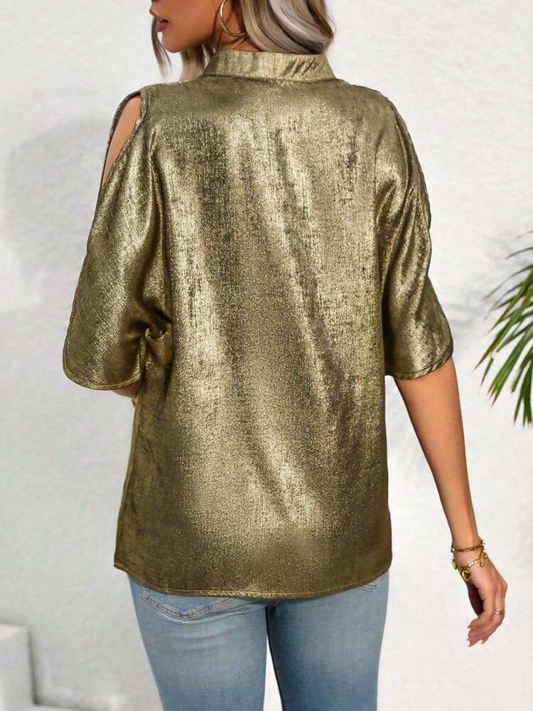 Notched Collar Slit Sleeve Blouse