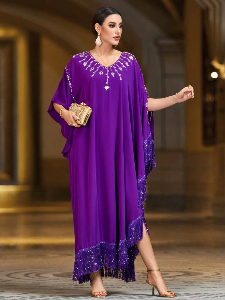 Women's Turkish Robe Elegant Kaftan With Patchwork, Tassel And Rhinestone Decoration, Elegant Luxury Evening Party Style