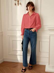 SHEIN Frenchy Solid Lace Trim Button Front Shirt