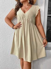 SHEIN Frenchy 大尺碼亞麻v領荷葉邊設計夏季連衣裙,鄉村節日服裝 - 卡其色 - 查看 3