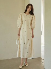 DAZY Đầm nữ dáng rộng cổ tròn thắt nơ thêu họa tiết phối hợp, đầm hè, đầm thường ngày nữ, đồng phục giáo viên, đầm lễ Phục sinh. - Màu be - Xem 5