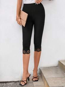 SHEIN Clasi Women's Burnout Flower Pattern Patchwork Leggings - Black - View 8