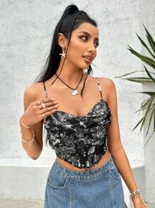 Soleia Women Tank Tops & Camis Asimetris Backless Lace Up Seksi - Hitam - View 4