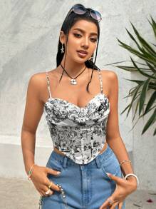 Soleia Women's Asymmetrical Hem Printed Spaghetti Strap Tank Top