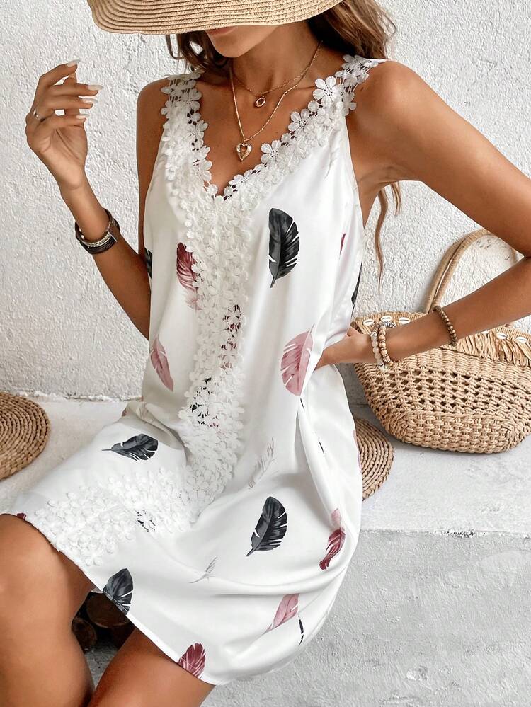 Women's Basic Feather Printed Cami White Flowy Dress Summer Casual