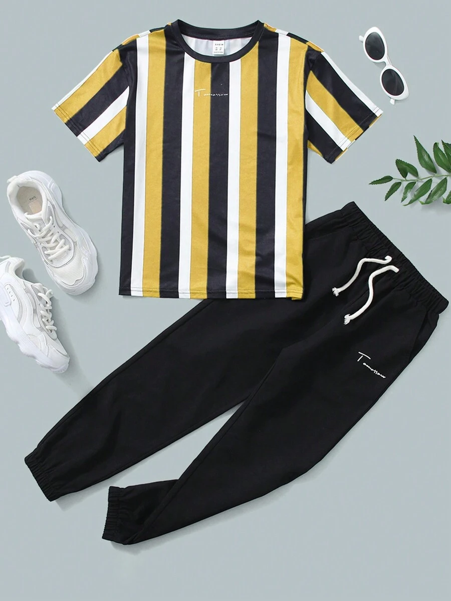 SHEIN Tween Boy Casual Striped Top And Long Pants Two-Piece Set For Comfort - Yellow - View 1