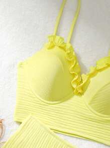 SHEIN Swim 女士纹理装饰细肩带比基尼 夏季 - 黃色 - 查看 5