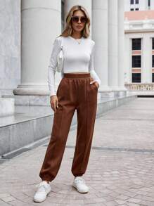 SHEIN Frenchy Slant Pocket Sweatpants Brown - Brown - View 5