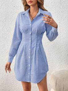 SHEIN Frenchy Women's Striped Long-Sleeved Shirt Waist A-Hem Dress Summer Dress,Pastel Dresses For Women,Business Casual Woman Winter Spring - Blue and White - View 3