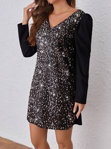SHEIN Frenchy Women Dresses Kontras Sequin Zip Plain Pesta - Hitam dan emas - View 3