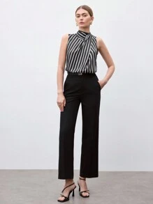 BizChic Women's Striped Asymmetrical Collar Tie Back Crop Top