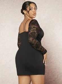 SHEIN BAE Vestido De Talla Grande Con Escote En Corazón, Panel De Encaje Y Dobladillo Dividido - Negro - Ver 2