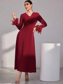 Modelyn Burgundy Red Women's Feather Patchwork Fur Cuff Arabic Style Dress,Elegant Evening Party Dress Long Evening Dresses - Burgundy - View 3