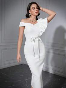 Modelyn Vestido largo de noche con cuello asimétrico, volantes y decoración de cuentas con abertura lateral - Blanco - Ver 7