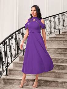 Modelyn Vestido midi de mujer de unicolor con hombros abiertos, cuello alto y flecos - Morado Violeta - Ver 3