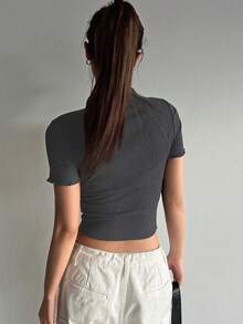 DAZY Của phụ nữ Màu thuần Kết cấu Vòng cổ Quần skinny Gầy Ngắn tay Áo thun - màu đen - Xem 2