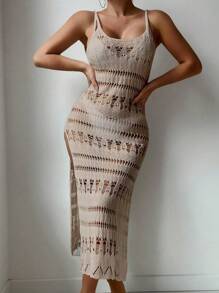 SHEIN Swim 女士實色針織中空無袖罩衣帶有側身縫隙 - 卡其色 - 查看 3