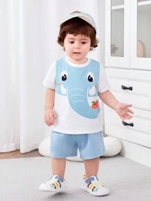 SHEIN 男嬰女嬰卡通大象圖案圓領短袖上衣和純色短褲套裝 - 彩色 - 查看 6