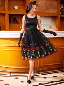 SHEIN DECDS 复古优雅情人节春夏网眼撞色连衣裙，带褶皱胸围和伞形设计派对女士连衣裙舞会礼服复古服装黑色连衣裙 - 黑色 - 查看 4