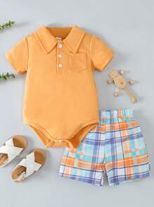 Bộ đồ liền thân tay ngắn màu trơn cho bé trai có túi, cổ áo sơ mi và quần short kẻ caro, trang phục thường ngày xuân/hè - trái cam - Xem 1