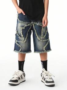 Tween Boy Street Style Laser Embroidery Retro Denim Shorts - Dark Wash - View 1