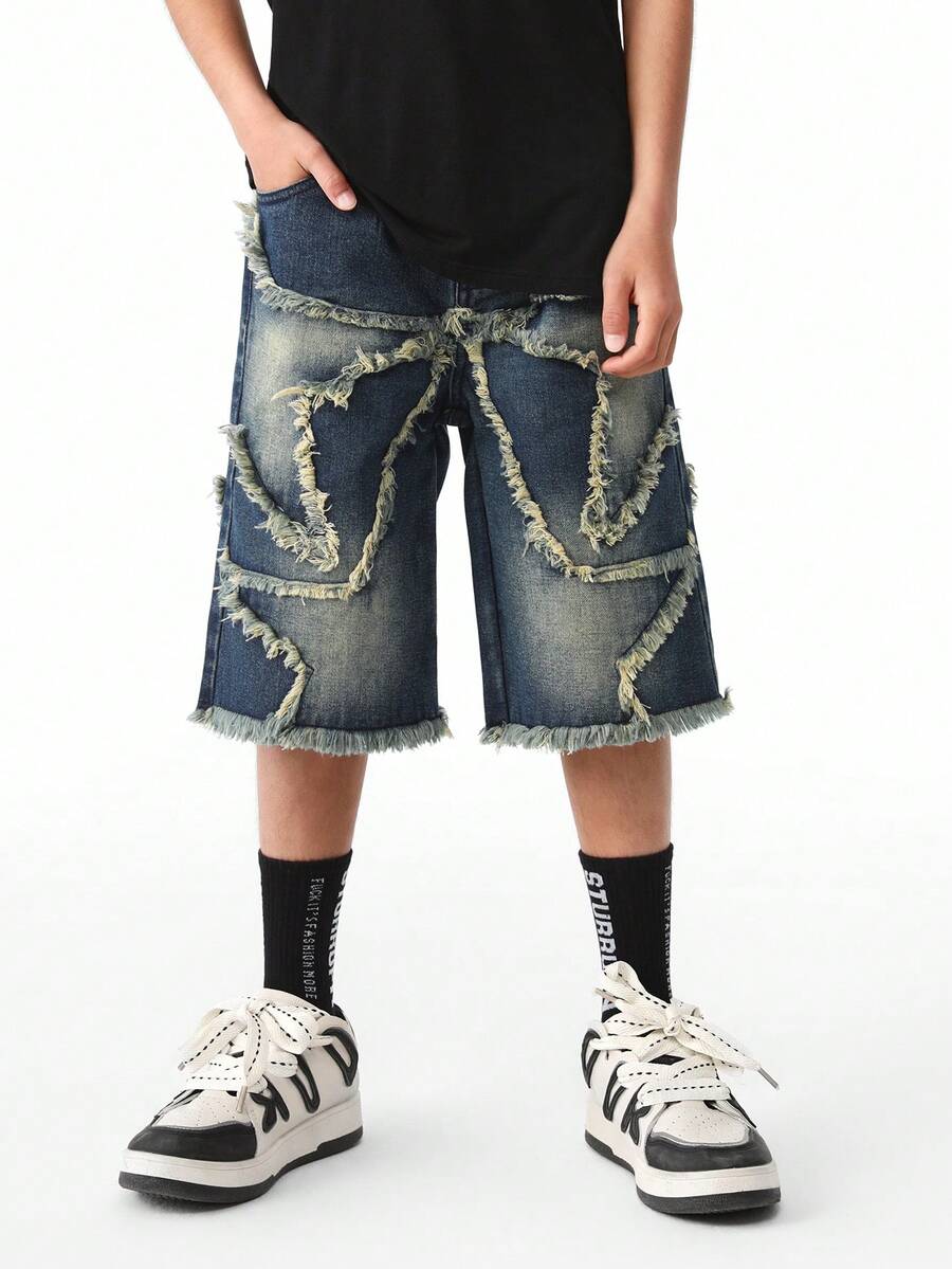 Tween Boy Street Style Laser Embroidery Retro Denim Shorts - Dark Wash - View 1