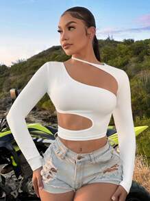 SHEIN SXY 情人节镂空不对称露背白色短款上衣