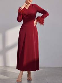 Modelyn Burgundy Red Women's Feather Patchwork Fur Cuff Arabic Style Dress,Elegant Evening Party Dress Long Evening Dresses - Burgundy - View 5