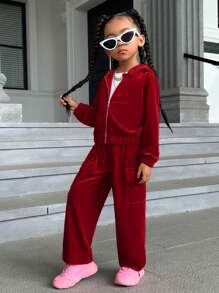 SHEIN 幼兒女孩天鵝絨拉鍊連帽夾克和褲子套裝 - 紅色 - 查看 4