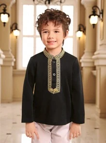 男童舒適拼布編織腰帶長袖休閒襯衫 - 黑色 - 查看 5