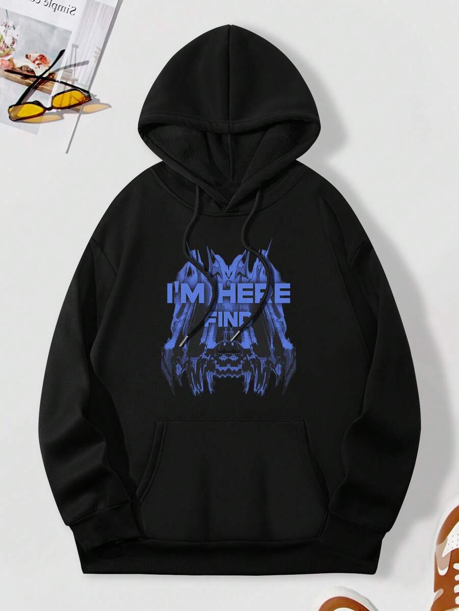 男士加大码标语印花卫衣 - 黑色 - 查看 1