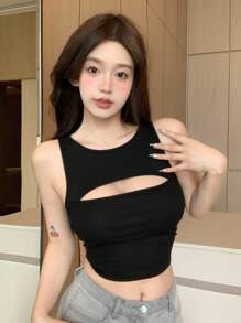DAZY Women's Solid Color Round Neck Sleeveless Hollow Out Tank Top Going Out Tops Sexy Women Tops Crop Women Tops