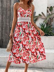 SHEIN LUNE Printed Spaghetti Straps V-Neck Sleeveless Slit Dress - Multicolor - View 4