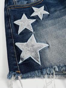 ROMWE Grunge Punk Washed Denim Shorts With Star Embroidery And Raw Hem, School - Blue - View 2