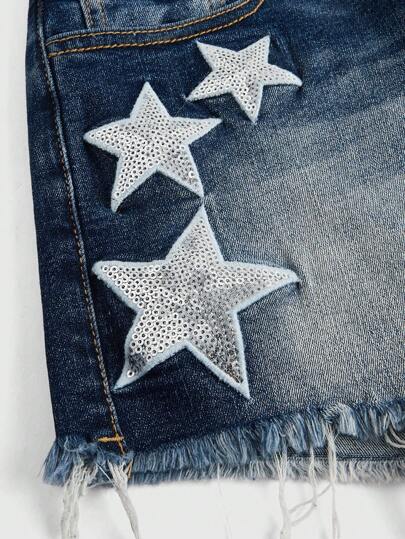 Grunge Punk Washed Denim Shorts With Star Embroidery And Raw Hem, School