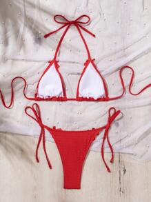 SHEIN Swim Conjunto de bikini de unicolor para verano - Rojo - Ver 5