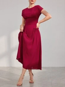 Modelyn Váy bó eo tay cánh dơi màu đỏ tía dành cho nữ - Màu Đỏ Sâu - Xem 4