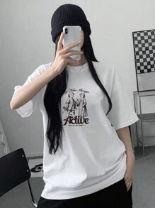 DAZY Vòng cổ Chân dung In Thả vai Áo thun - trắng - Xem 1