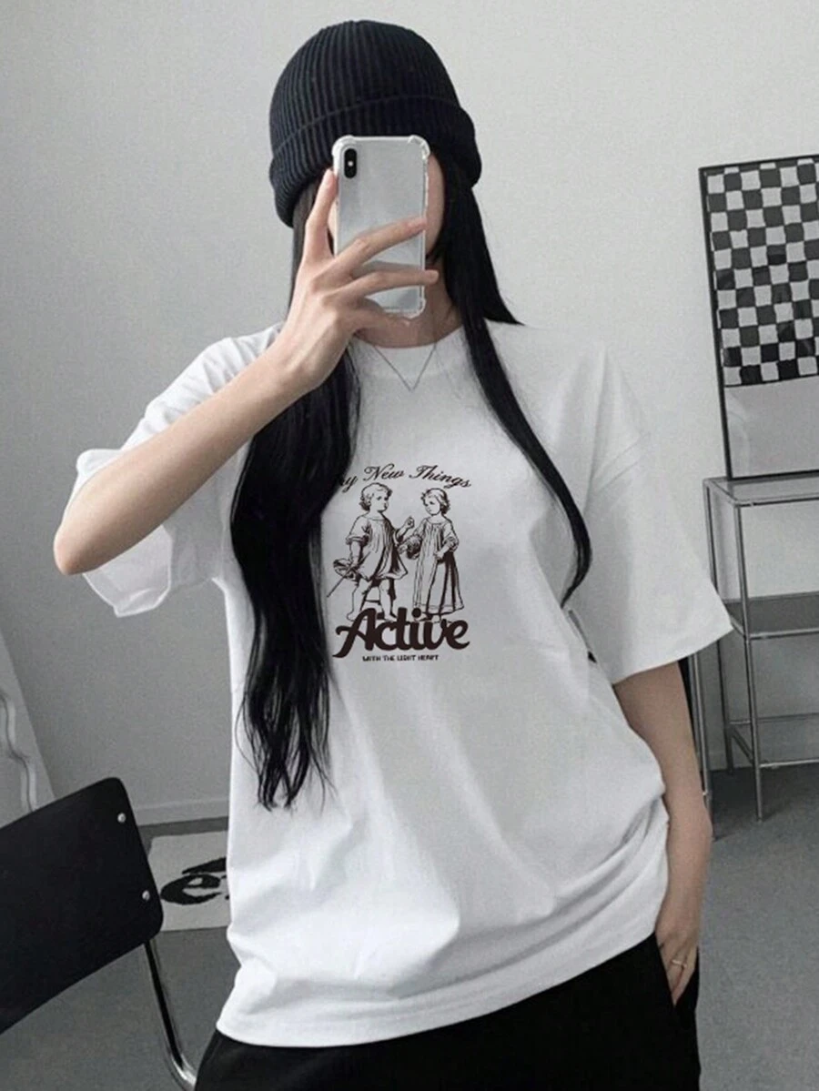 DAZY Vòng cổ Chân dung In Thả vai Áo thun - trắng - Xem 1