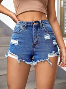 SHEIN EZwear 破洞毛邊牛仔短褲 - 中等水洗藍 - 查看 5
