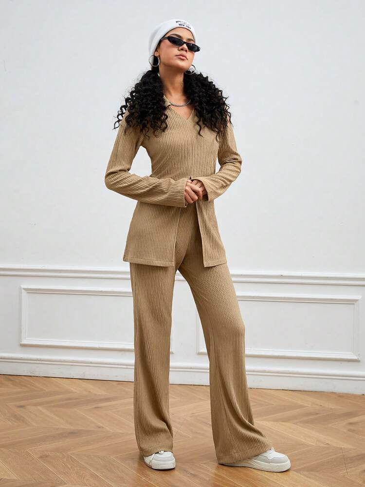 V-Neckline Long Sleeve Top With Side Slit And Sports Pants Set
